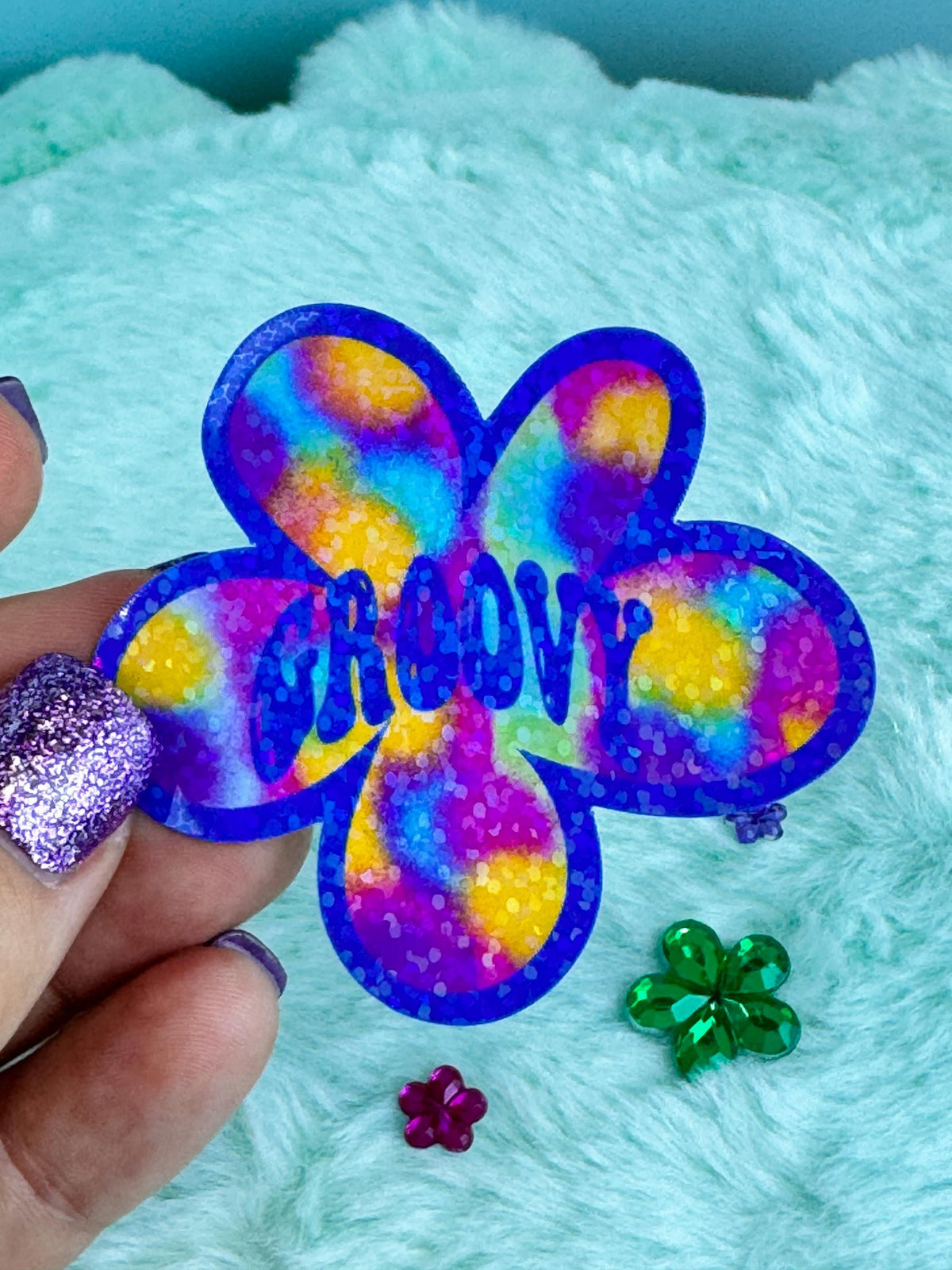 Retro Sticker With Groovy, Colorful Vibe Flower Holographic
