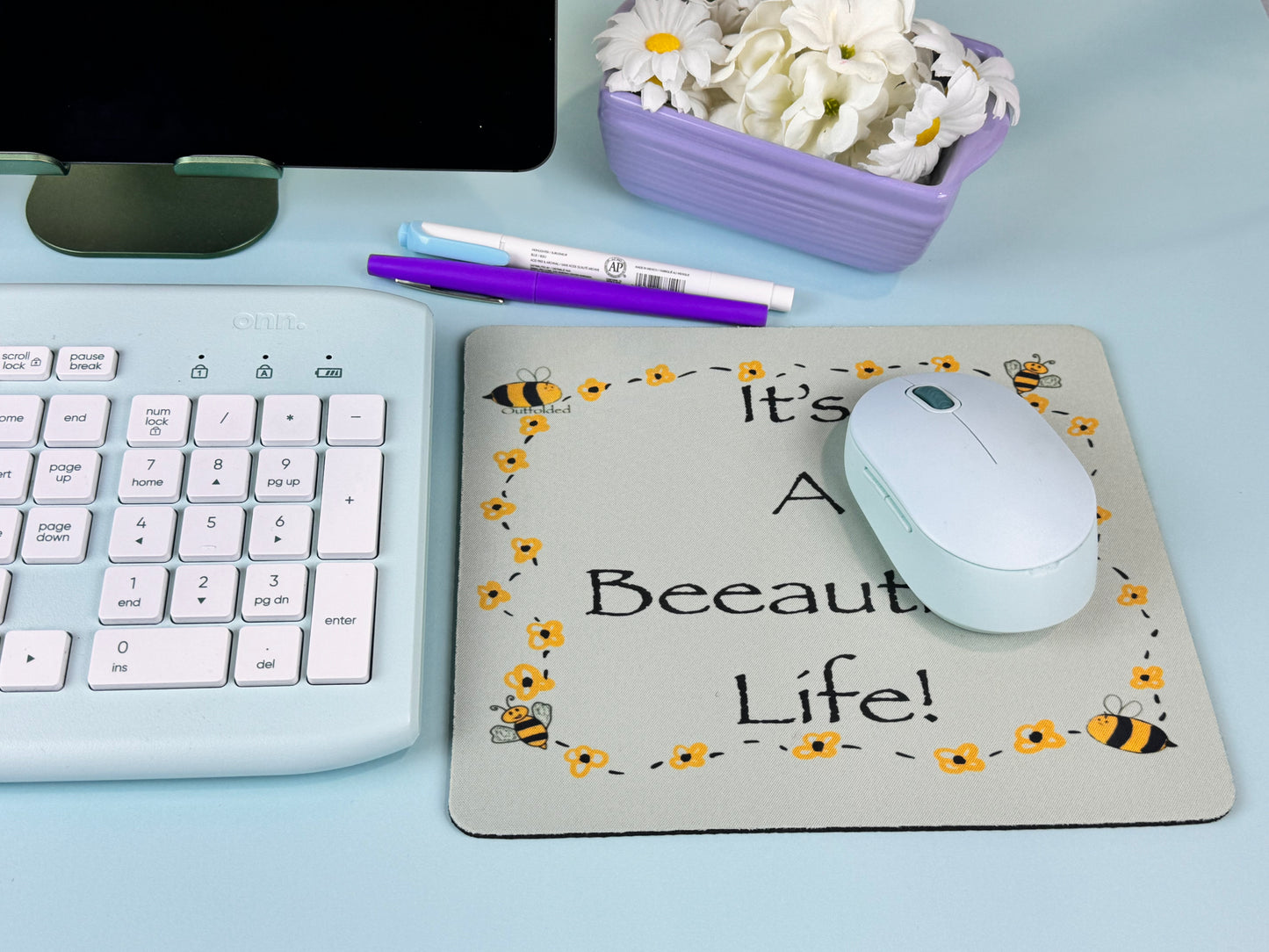 It's A Beeautiful Life! Mouse Pad For Your Desk. Bumblebees and Flowers Design