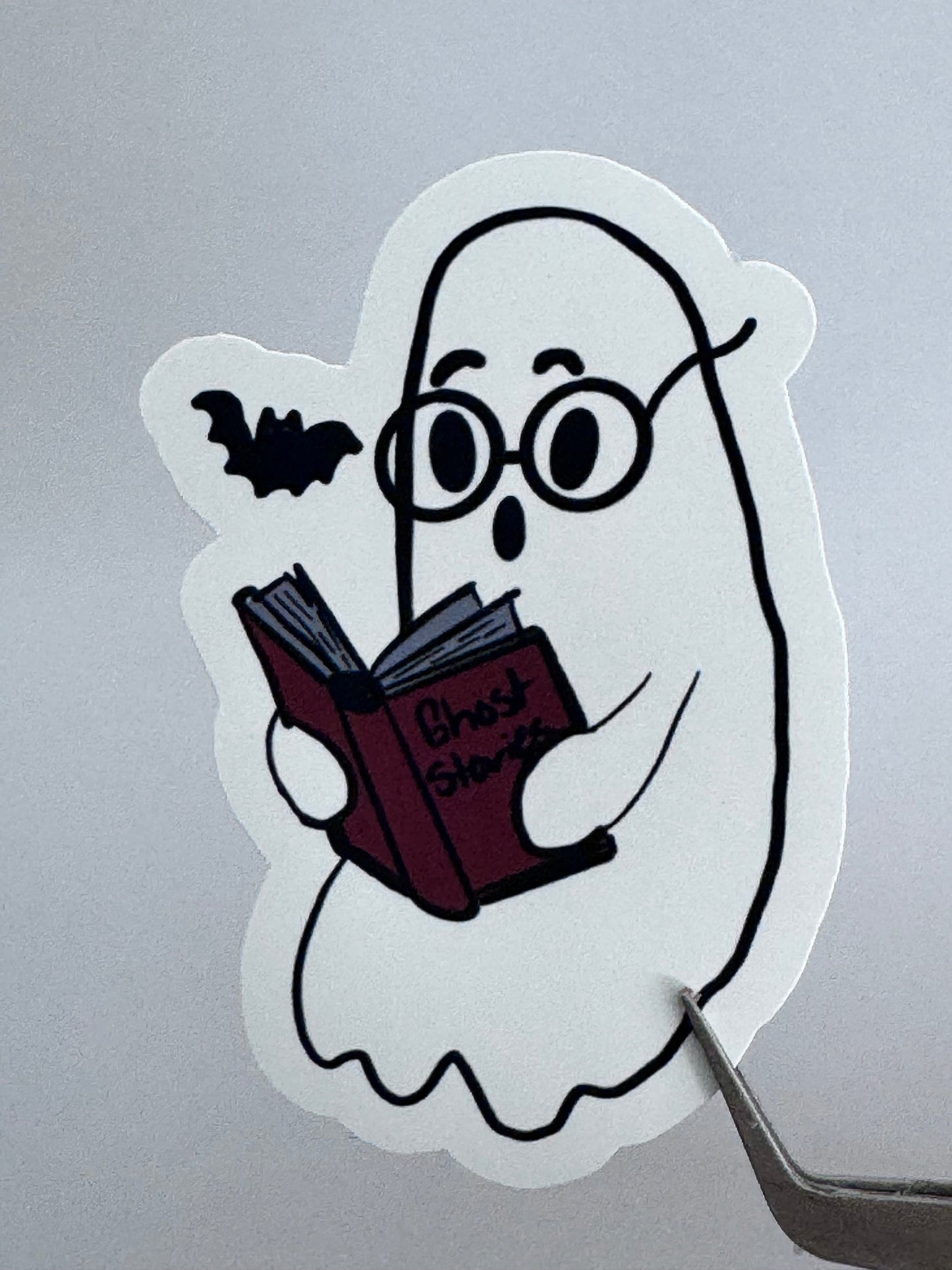 Ghost Reading to a Bat Vinyl Sticker – Cute Spooky Bookish Matte Sticker, Hand Drawn Halloween Reader Art