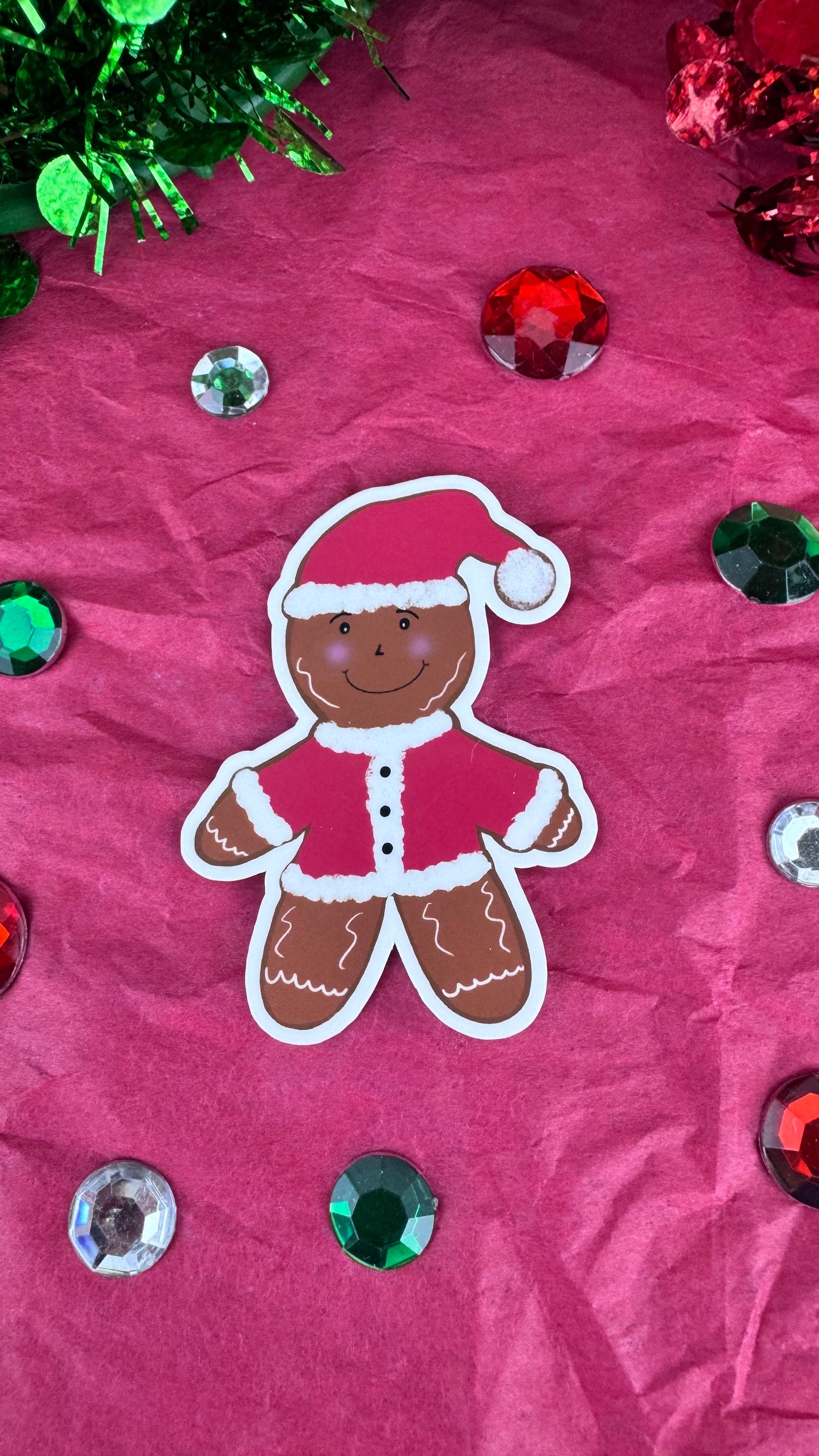 Gingerbread Man Santa Sticker – Hand Drawn Laminated Christmas Sticker, Cute Holiday Gingerbread Decor