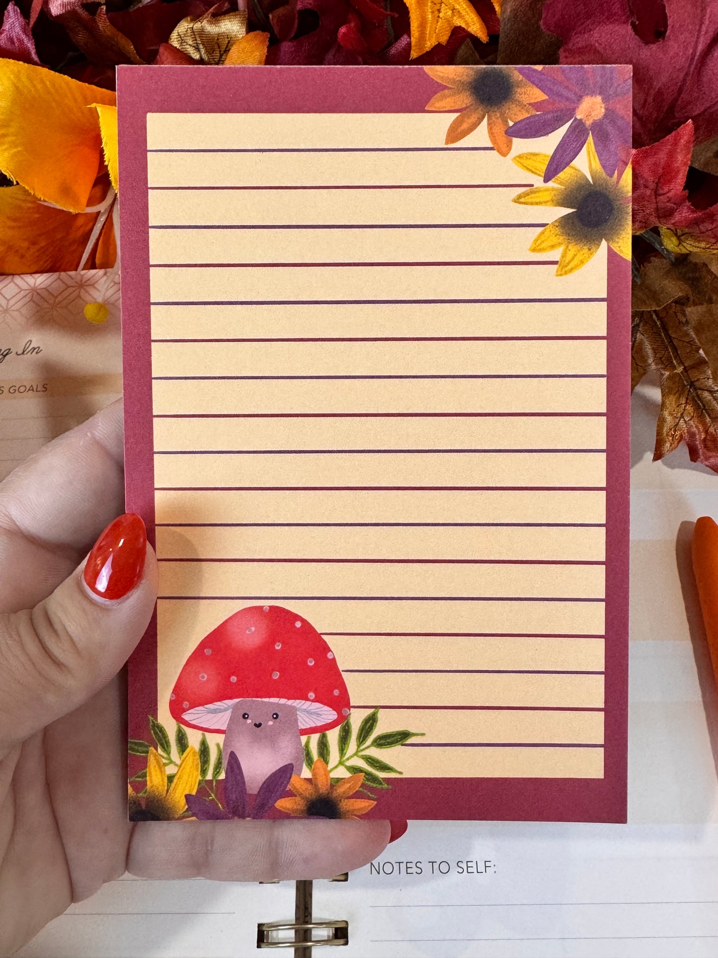 Notepad With Cute Mushroom and Fall Flowers, 4x6