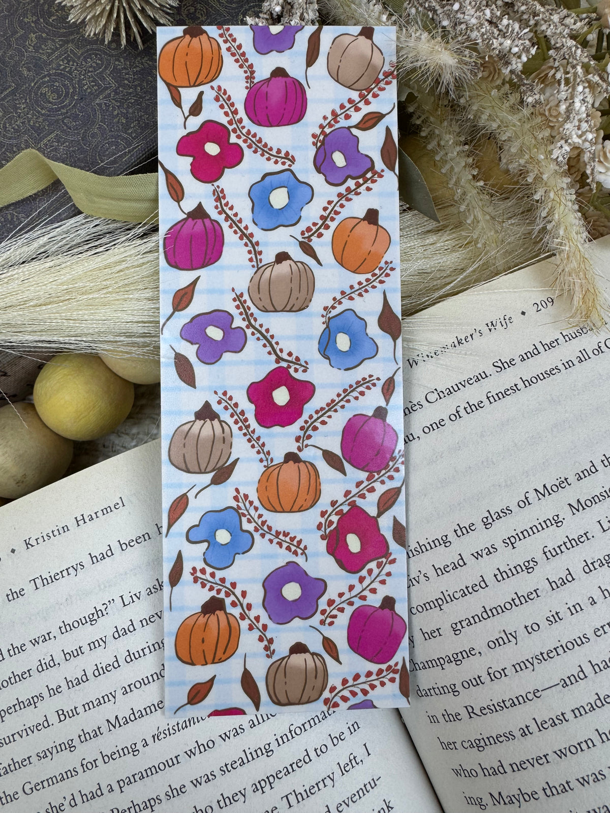 Fall Laminated Bookmark with Pumpkins & Flowers