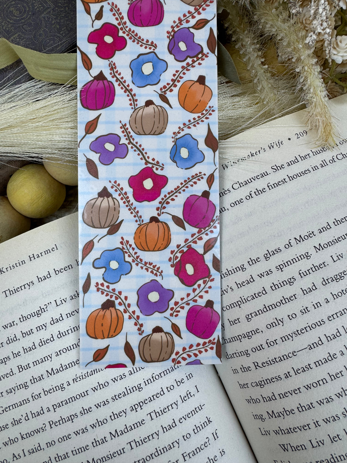 Fall Laminated Bookmark with Pumpkins & Flowers