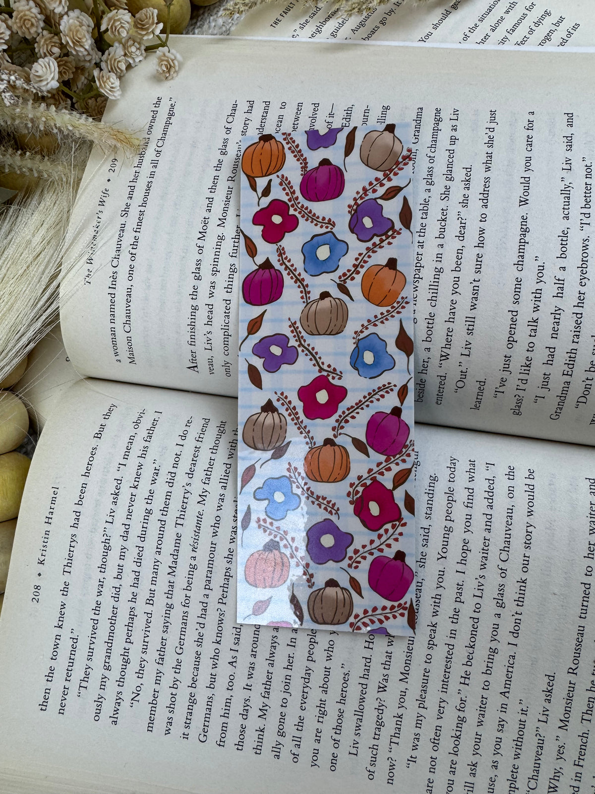 Fall Laminated Bookmark with Pumpkins & Flowers