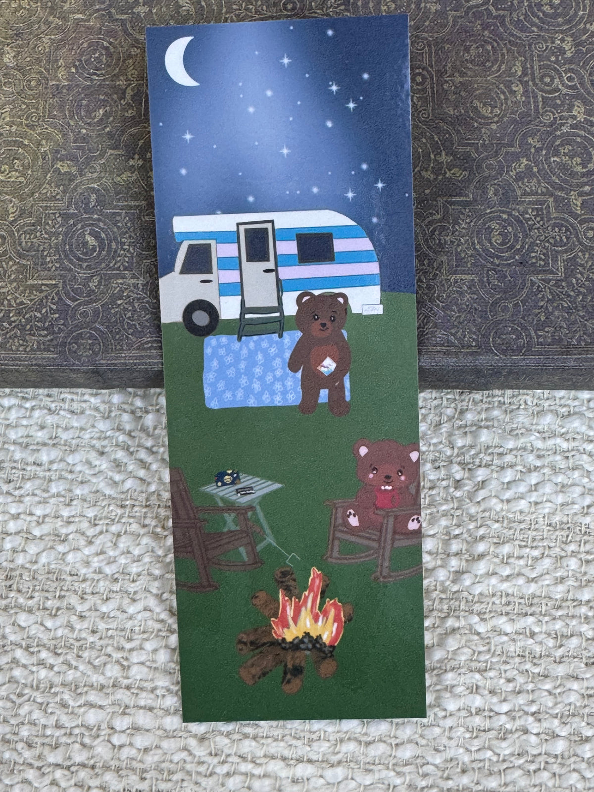Camping Bear Bookmark | Camper & Campfire Under the Stars