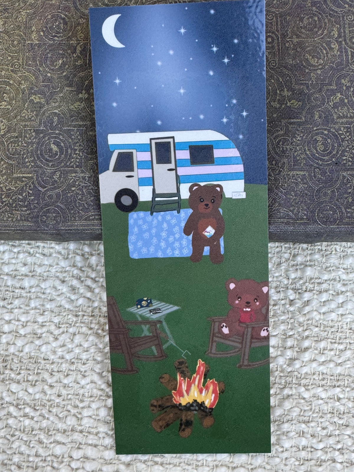 Camping Bear Bookmark | Camper & Campfire Under the Stars