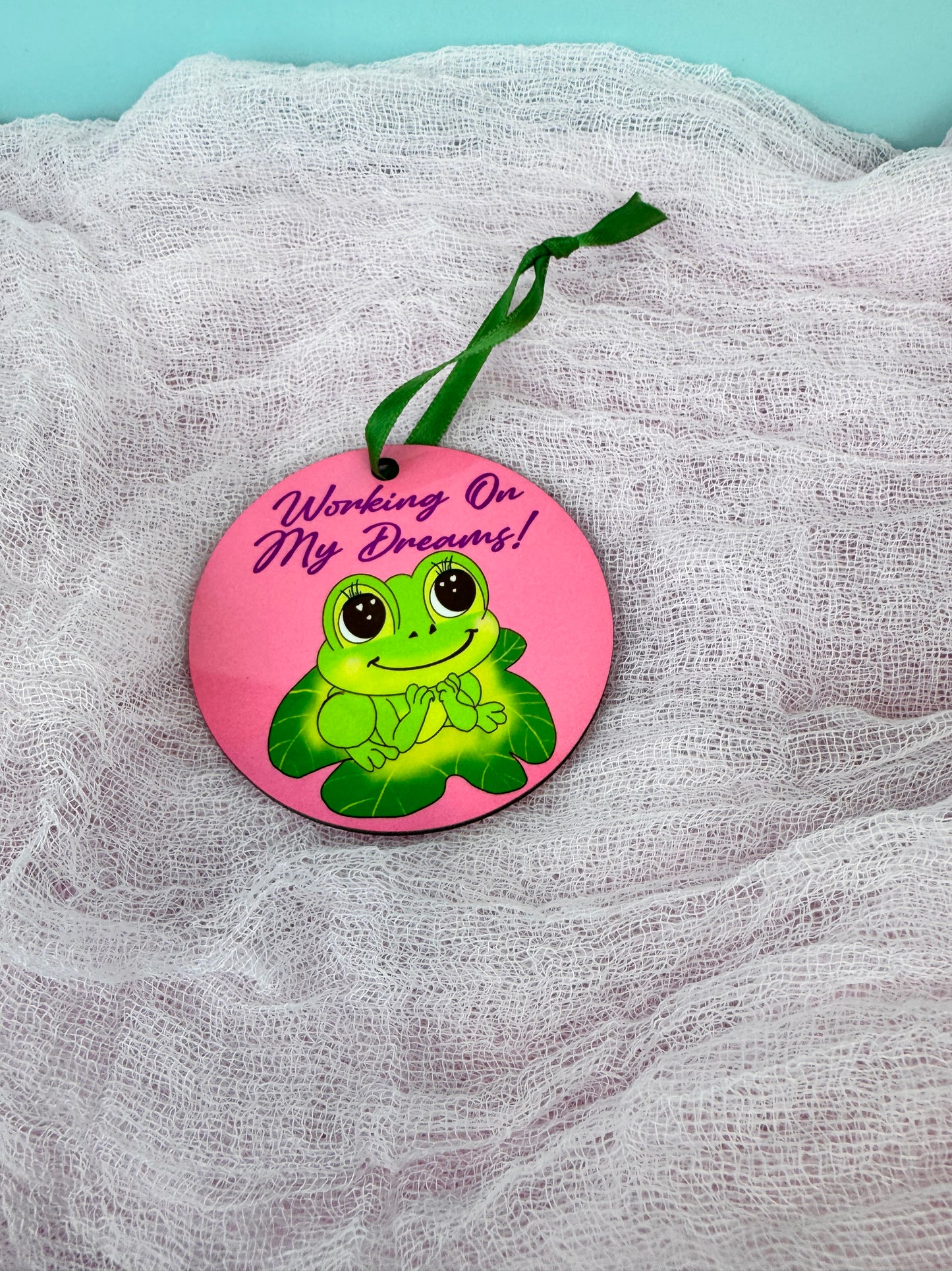 Frog Ornament For Small Business Owner, Colorful Decor, Working On My Dreams, Cute Tree Hanging Wooden Ornament