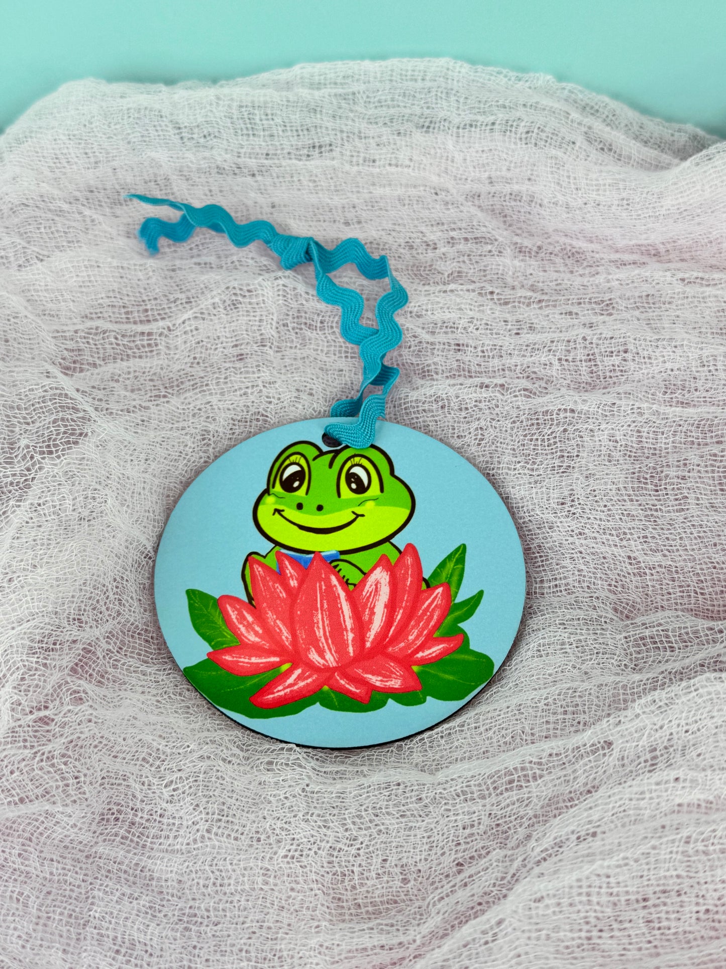 Frog Ornaments, Frog Reading in a pretty pink lily pad, MDF Wooden Tree Ornament