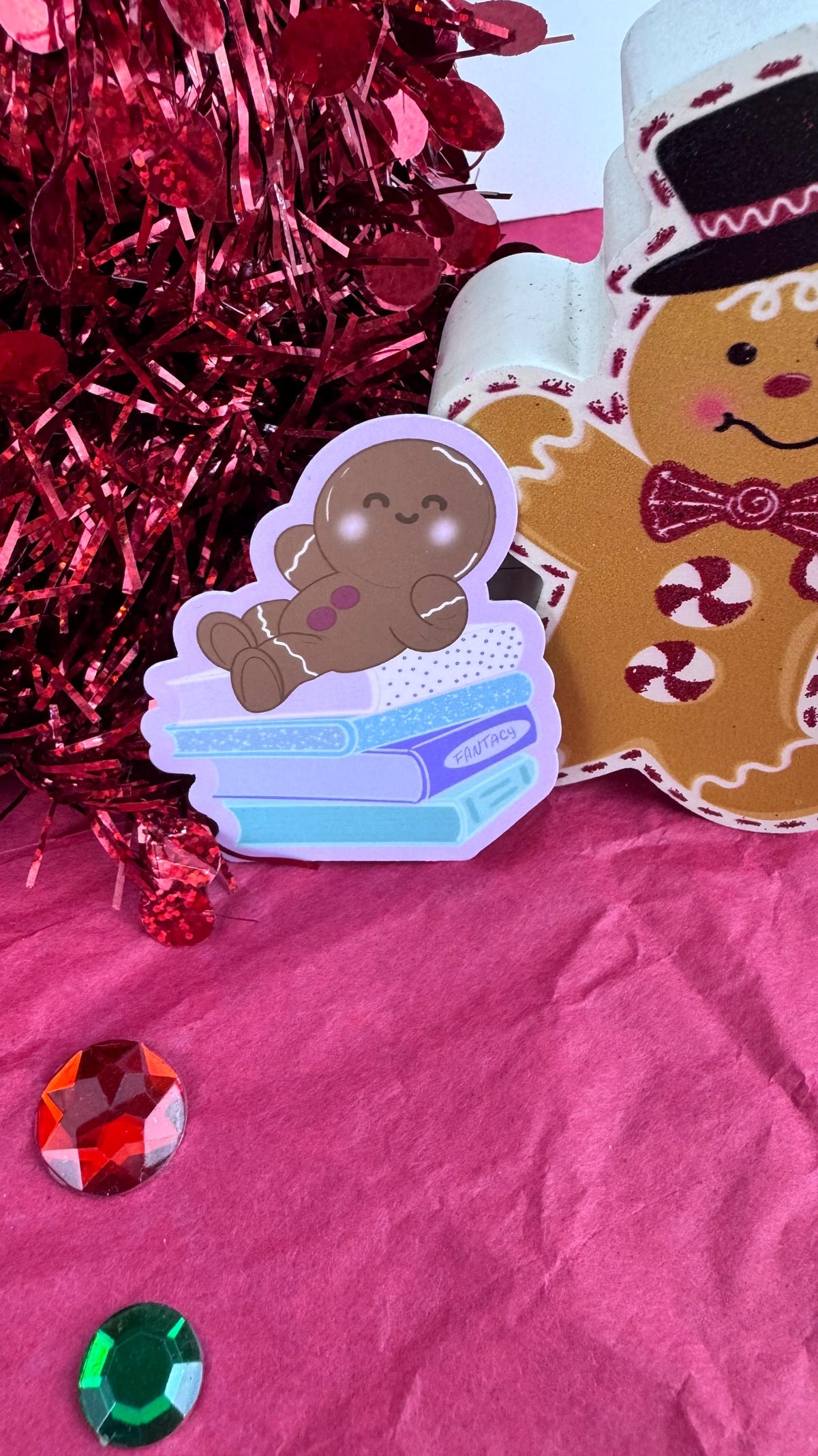 Holiday Gingerbread Man Book Lover Sticker- Hand Drawn, Handmade Christmas Theme For Readers