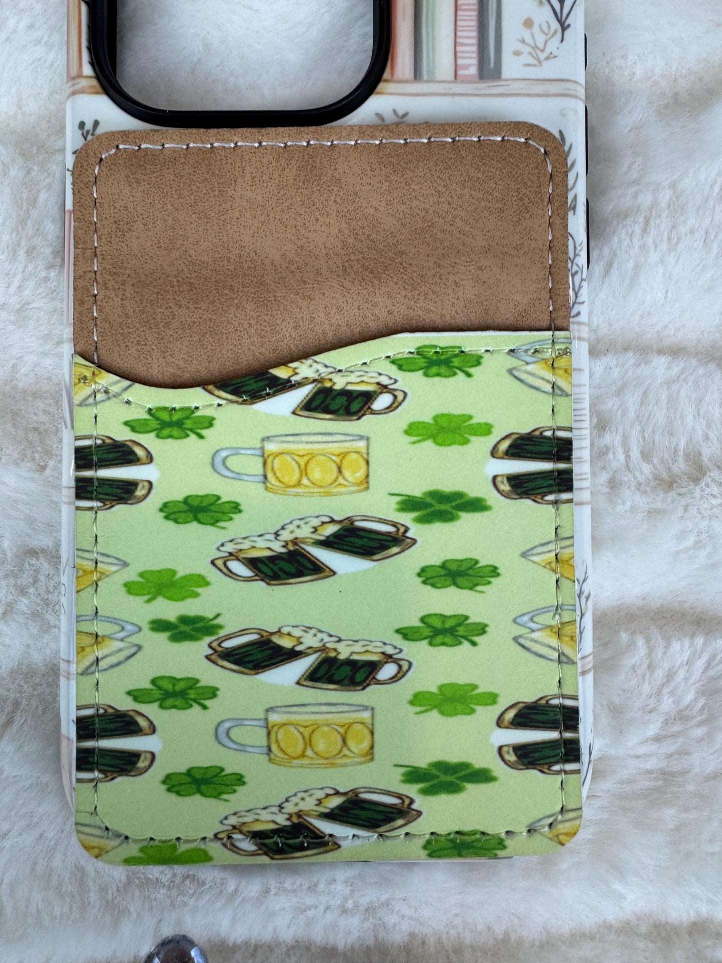 St. Patrick's Day Beer and Shamrock Phone Card Holder Wallet | Sublimated Adhesive Phone Wallet | Handmade, Hand Drawn Design