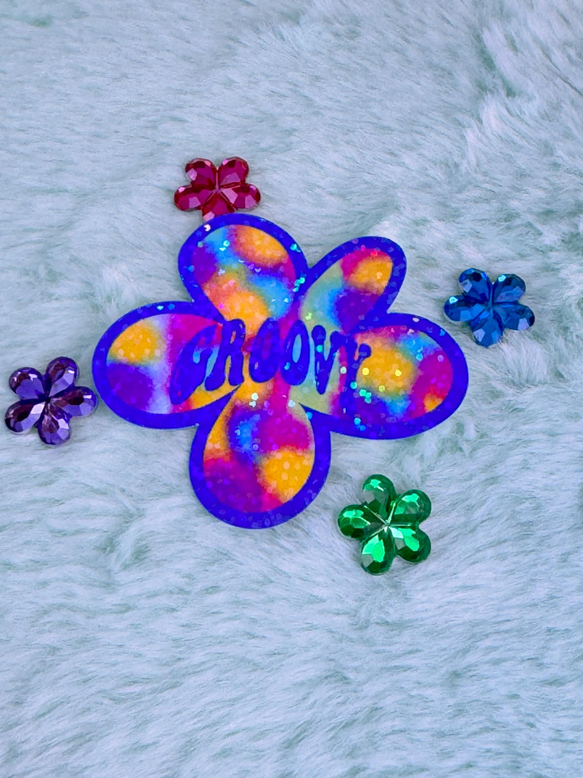 Retro Sticker With Groovy, Colorful Vibe Flower Holographic