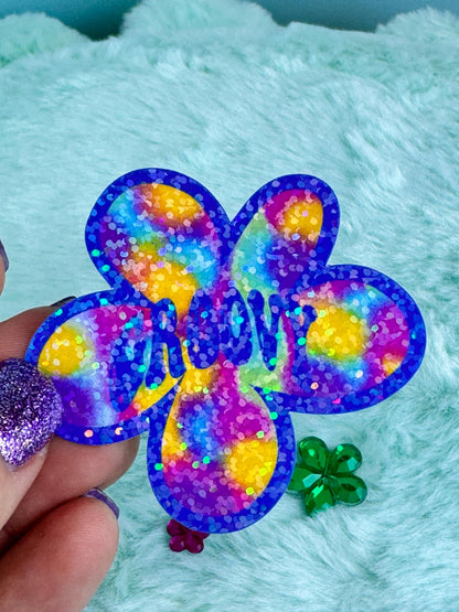 Retro Sticker With Groovy, Colorful Vibe Flower Holographic