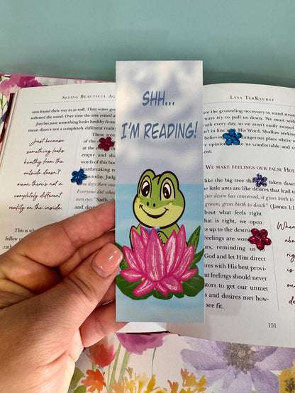 Frog Bookmark | Shh, I'm Reading | Laminated 2 × 6
