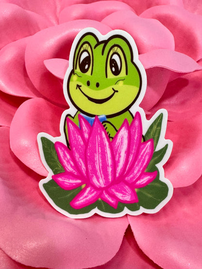 Happy Frog Reading In A Lotus Flower Vinyl Sticker | Hand Drawn Original Art | Handmade