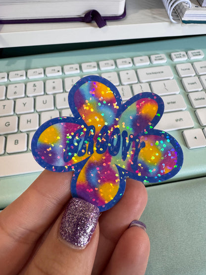 Retro Sticker With Groovy, Colorful Vibe Flower Holographic