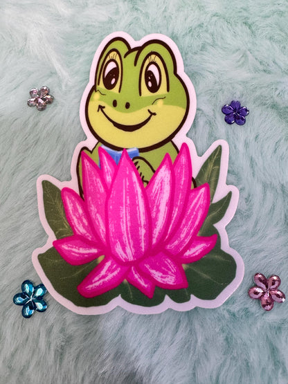 Happy Frog Reading In A Lotus Flower Vinyl Sticker | Hand Drawn Original Art | Handmade