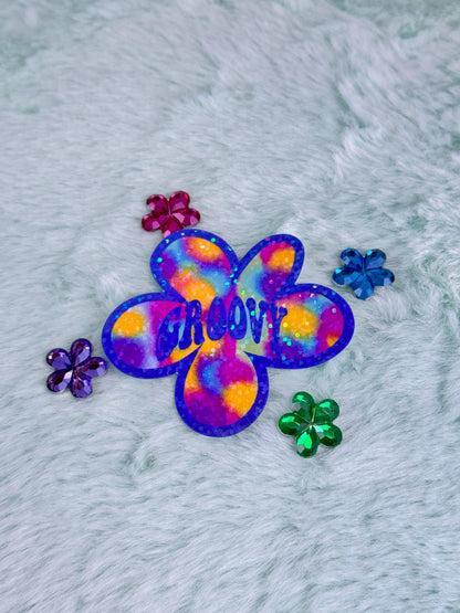 Retro Sticker With Groovy, Colorful Vibe Flower Holographic