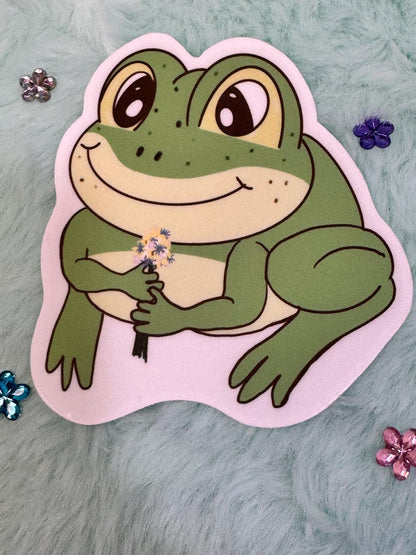 A Gift Of Flowers From A Cute Frog Vinyl Sticker | Hand Drawn Original Art | Handmade