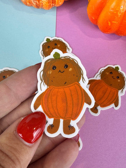 Kawaii Potato Dressed As A Pumpkin Costume Die Cut Sticker | Hand Drawn Original Art | Handmade Vinyl Sticker