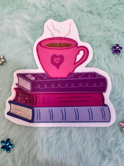 Books and Coffee Vinyl Sticker | Hand-Drawn Reader Gift