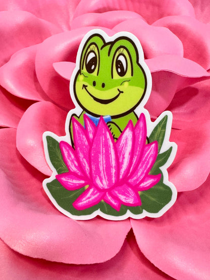 Happy Frog Reading In A Lotus Flower Vinyl Sticker | Hand Drawn Original Art | Handmade