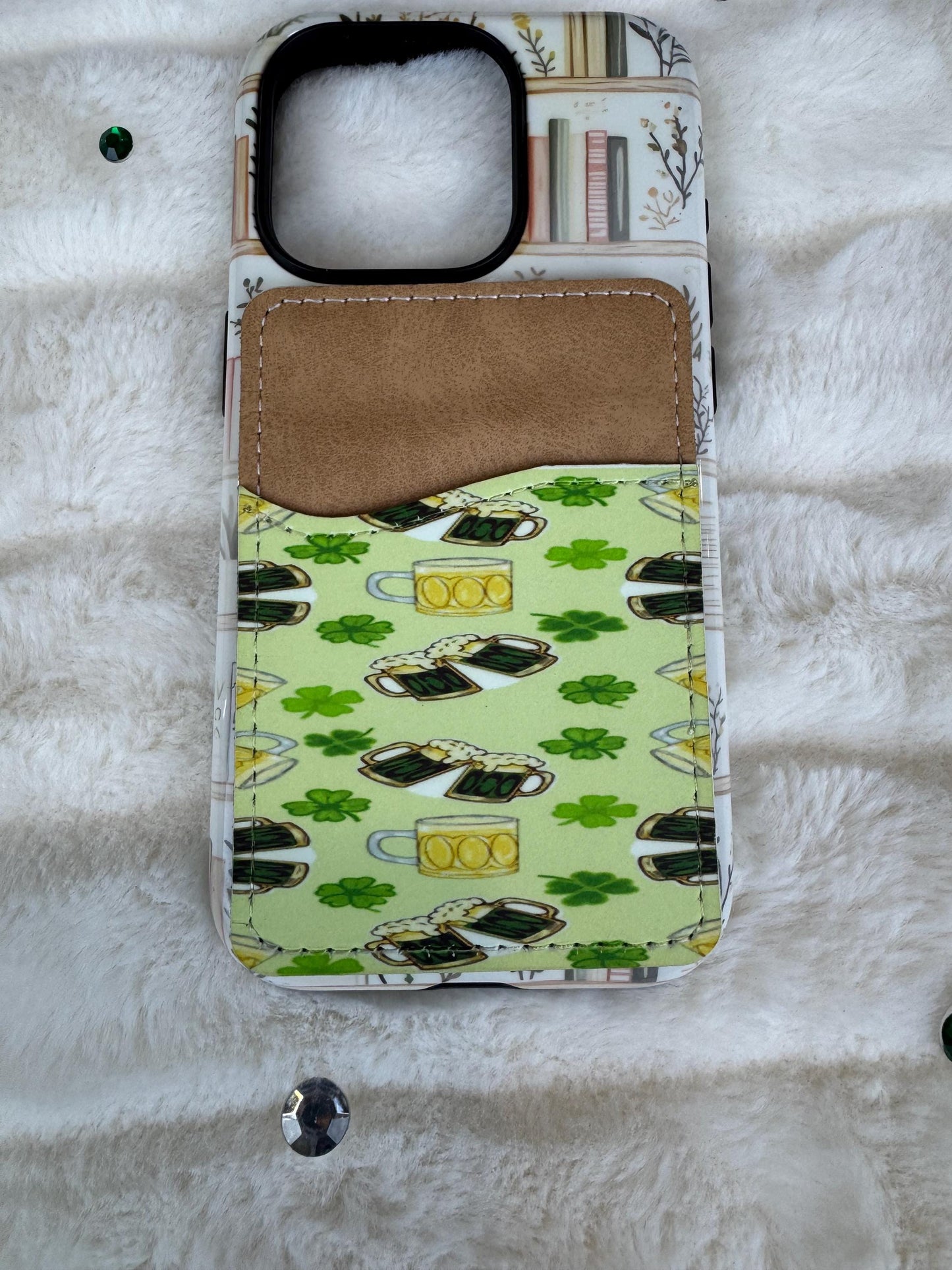 St. Patrick's Day Beer and Shamrock  Phone Card Holder Wallet | Sublimated Adhesive Phone Wallet | Handmade, Hand Drawn Design