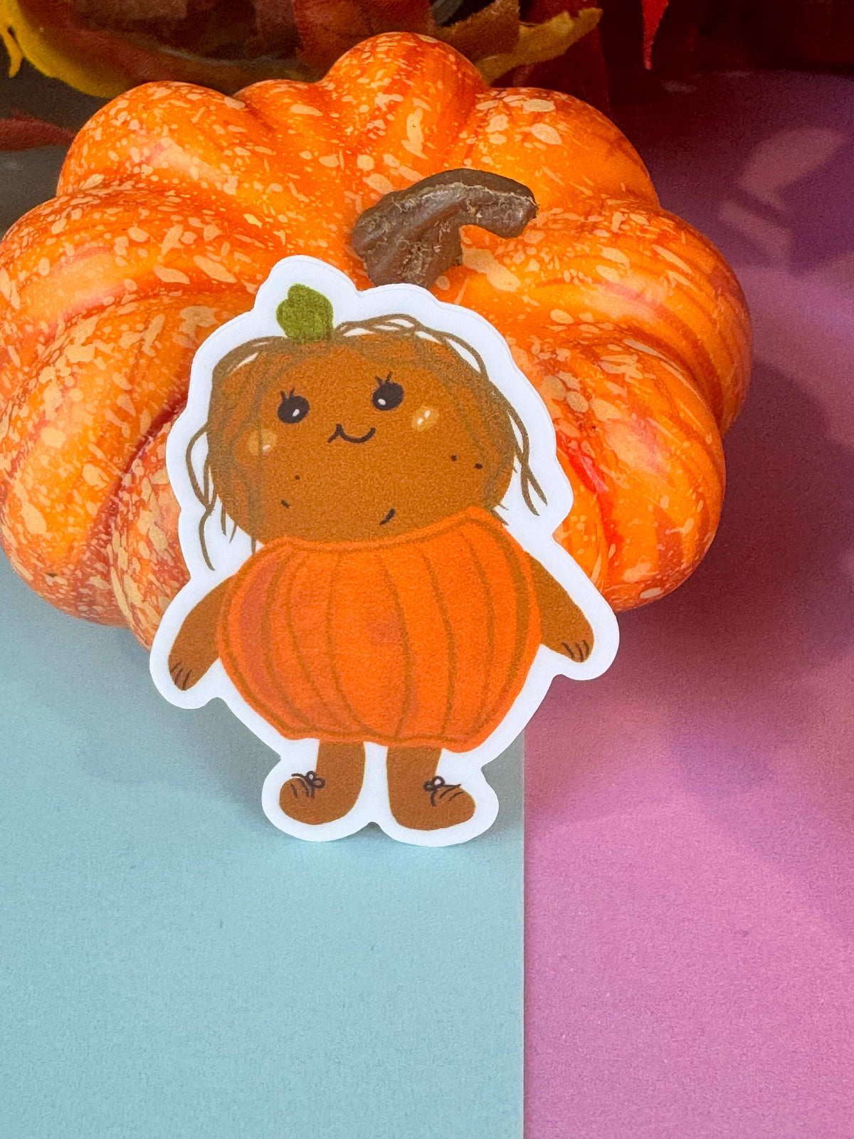 Kawaii Potato Dressed As A Pumpkin Costume Die Cut Sticker | Hand Drawn Original Art | Handmade Vinyl Sticker