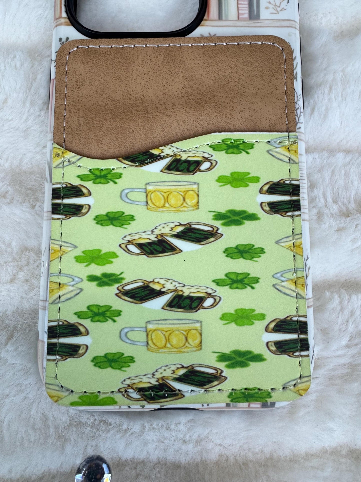 St. Patrick's Day Beer and Shamrock  Phone Card Holder Wallet | Sublimated Adhesive Phone Wallet | Handmade, Hand Drawn Design