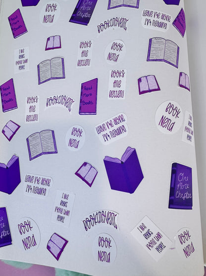 Planner Sticker Sheet Of Pink and Purple Bookish Stickers, Book Lover Stickers, For Readers, Book Nerd
