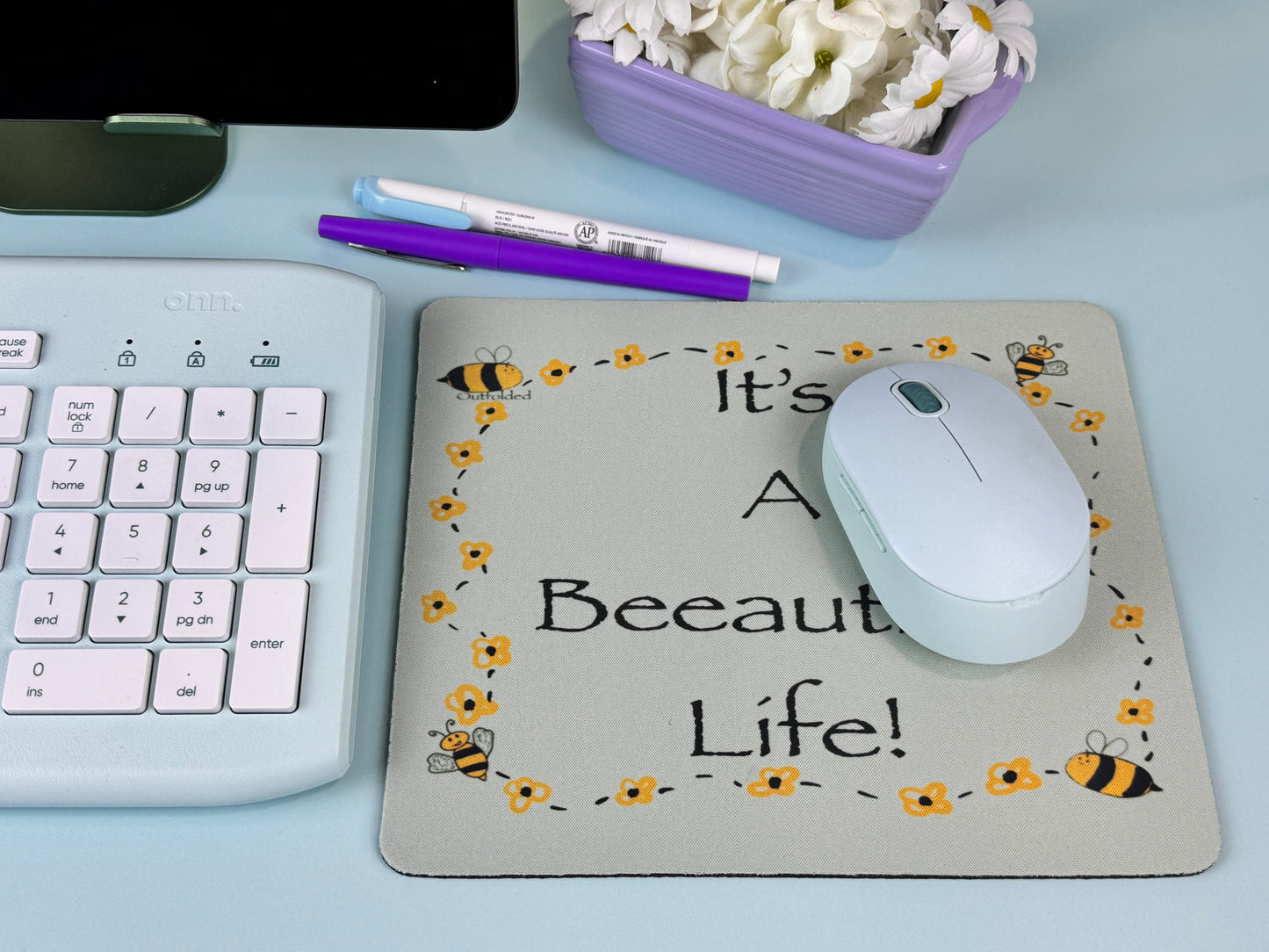 It's A Beeautiful Life! Mouse Pad For Your Desk. Bumblebees and Flowers Design