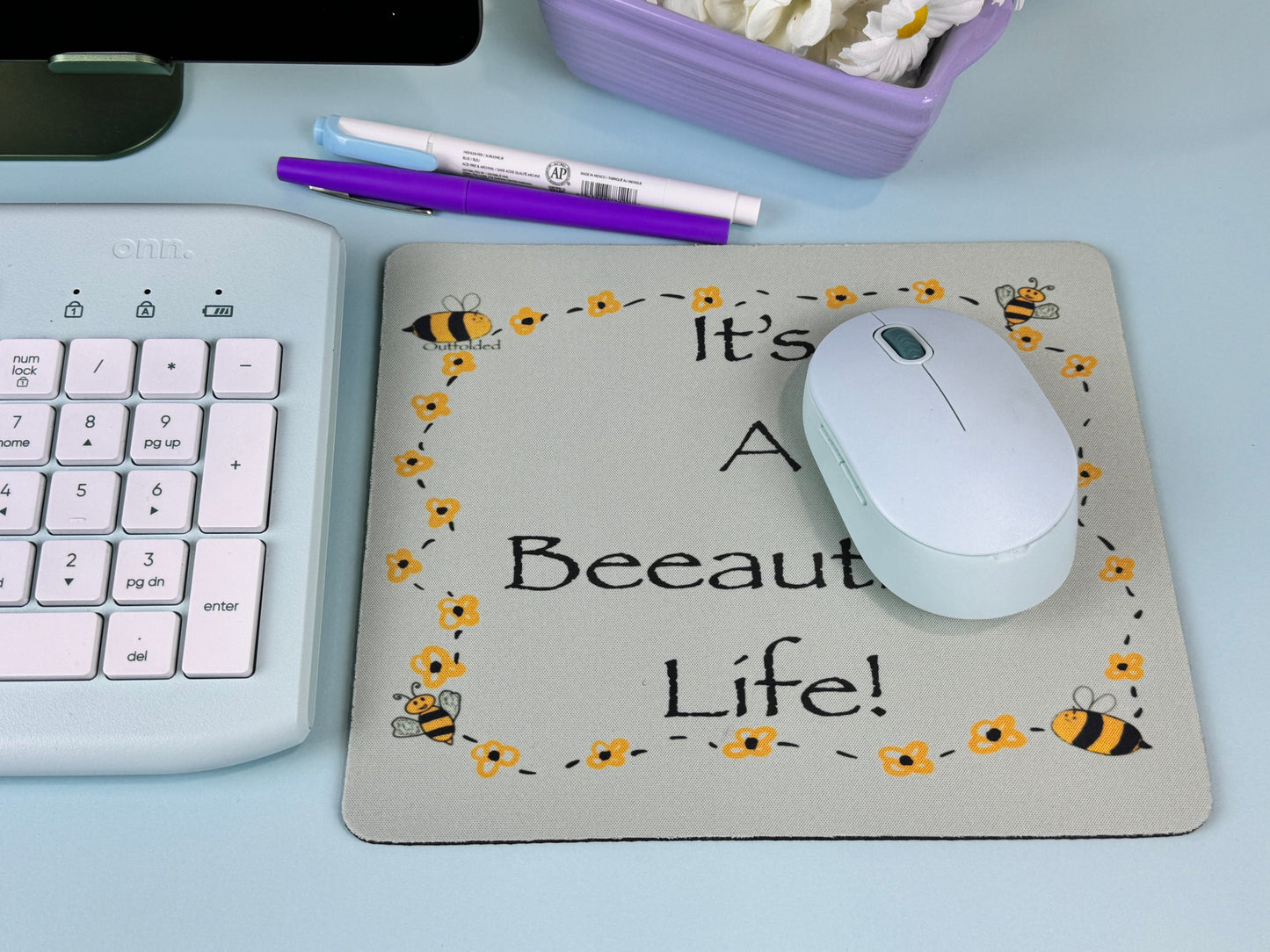 It's A Beeautiful Life! Mouse Pad For Your Desk. Bumblebees and Flowers Design