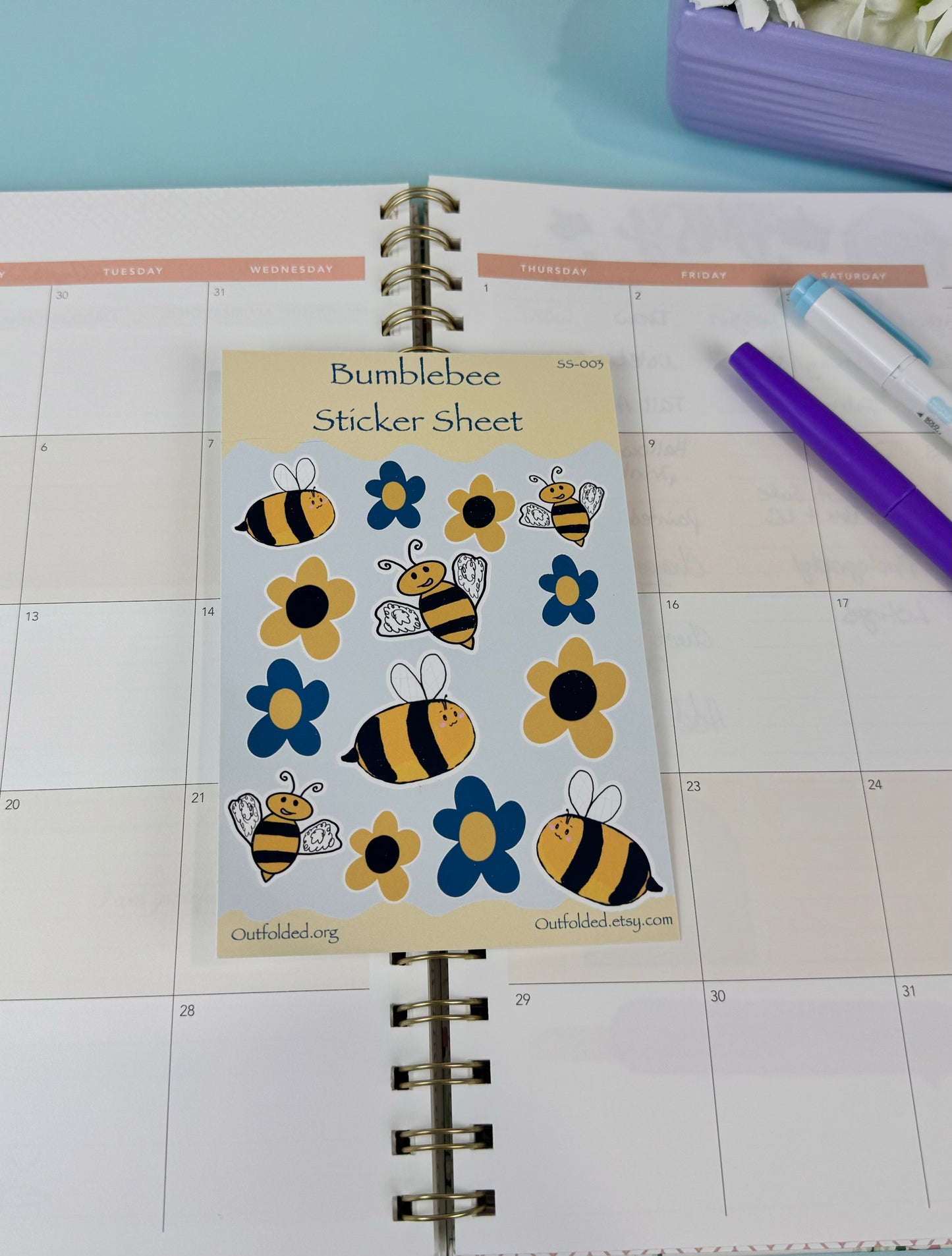 Bumblebees and Flowers Sticker Sheet, 4x6 Inch Sheet with 14 Stickers