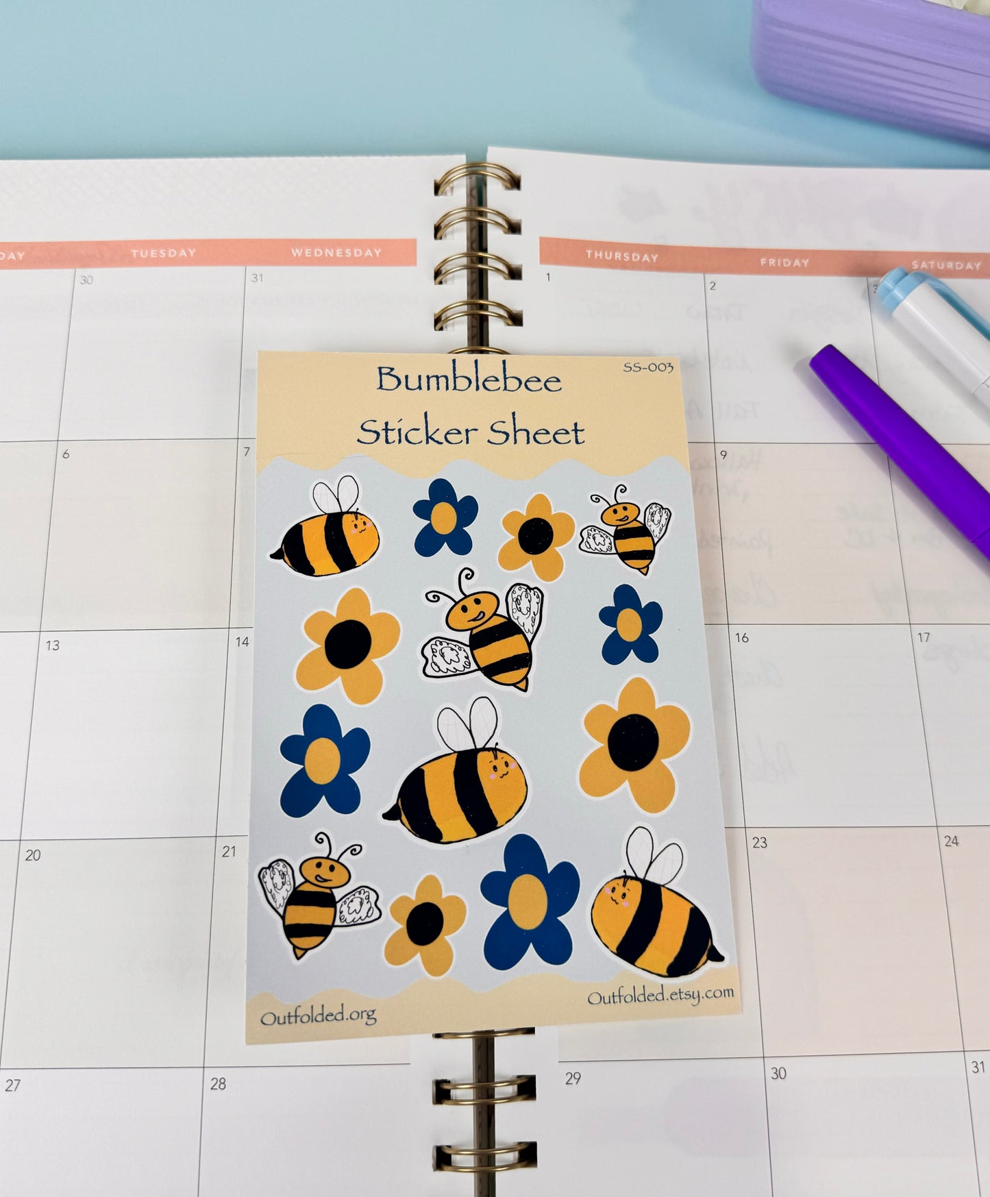 Bumblebees and Flowers Sticker Sheet, 4x6 Inch Sheet with 14 Stickers