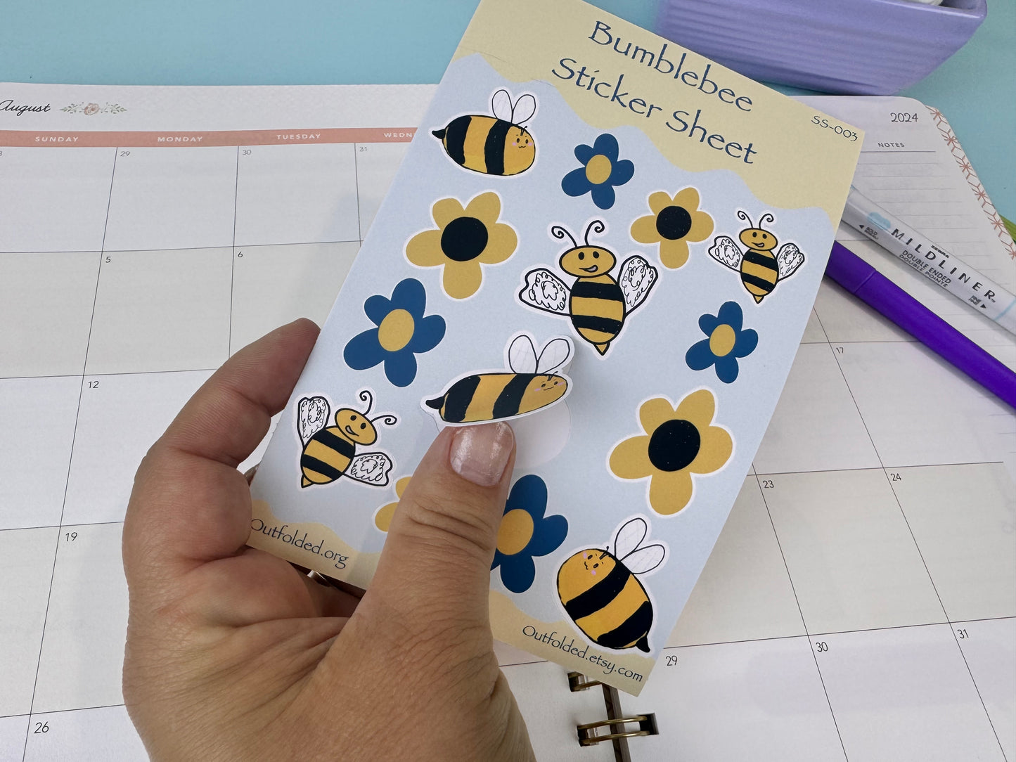 Bumblebees and Flowers Sticker Sheet, 4x6 Inch Sheet with 14 Stickers