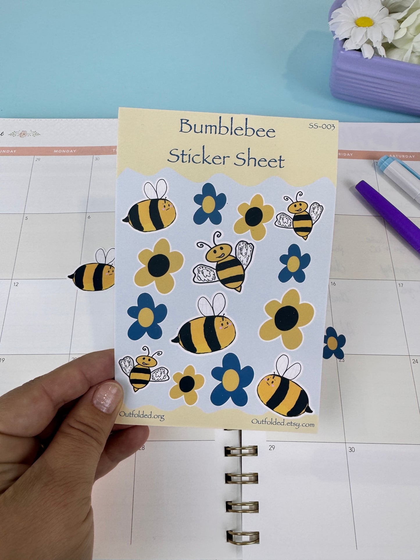 Bumblebees and Flowers Sticker Sheet, 4x6 Inch Sheet with 14 Stickers