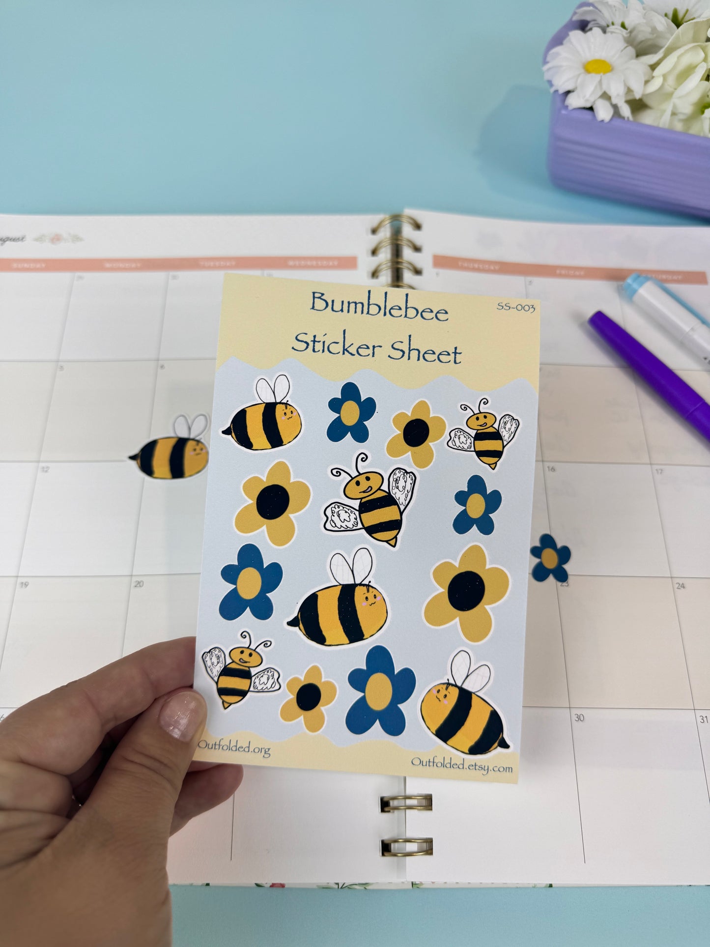 Bumblebees and Flowers Sticker Sheet, 4x6 Inch Sheet with 14 Stickers