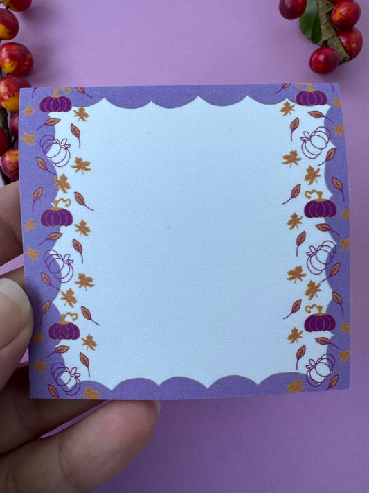 Fall Sticky Notes, Purple and Gold Pumpkin and Leaf Stationery, Hand Drawn