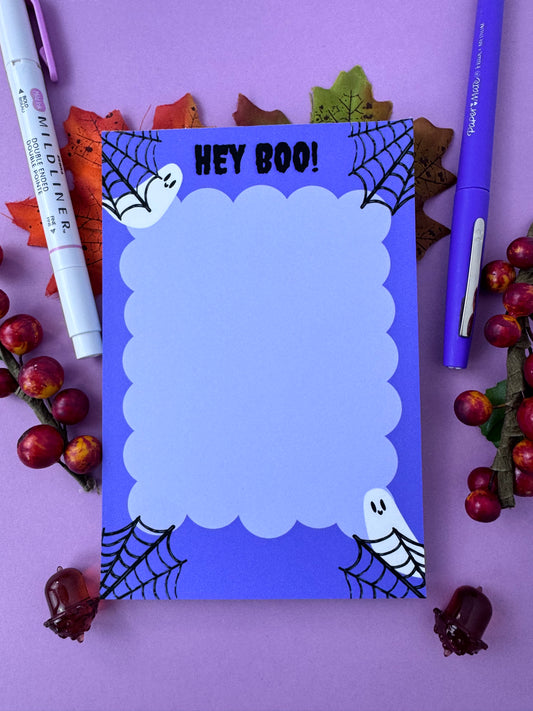 Hey Boo! Stationery For Halloween, Cute Ghost Notepad, Handmade and Hand Drawn, Purple and Black