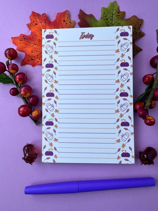 Purple and Gold Pumpkin and Leaf Stationery, Hand Drawn, Handmade, Lined Notepad
