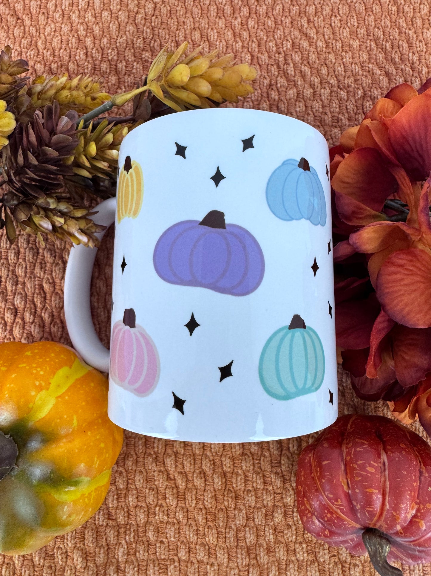 Handmade sublimated mug with soft pastel pumpkin design