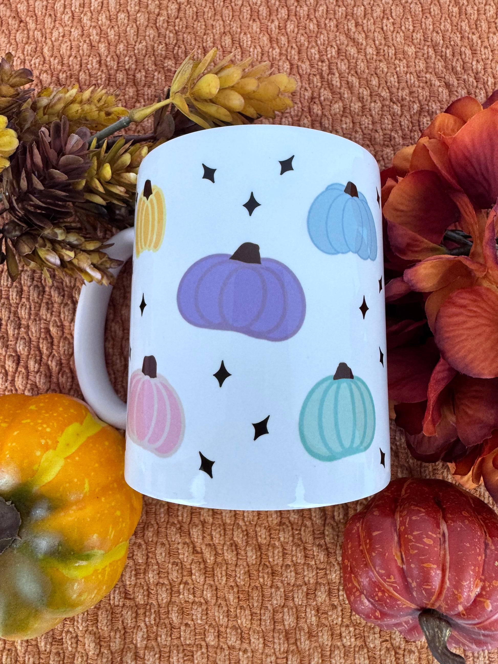 Handmade sublimated mug with soft pastel pumpkin design