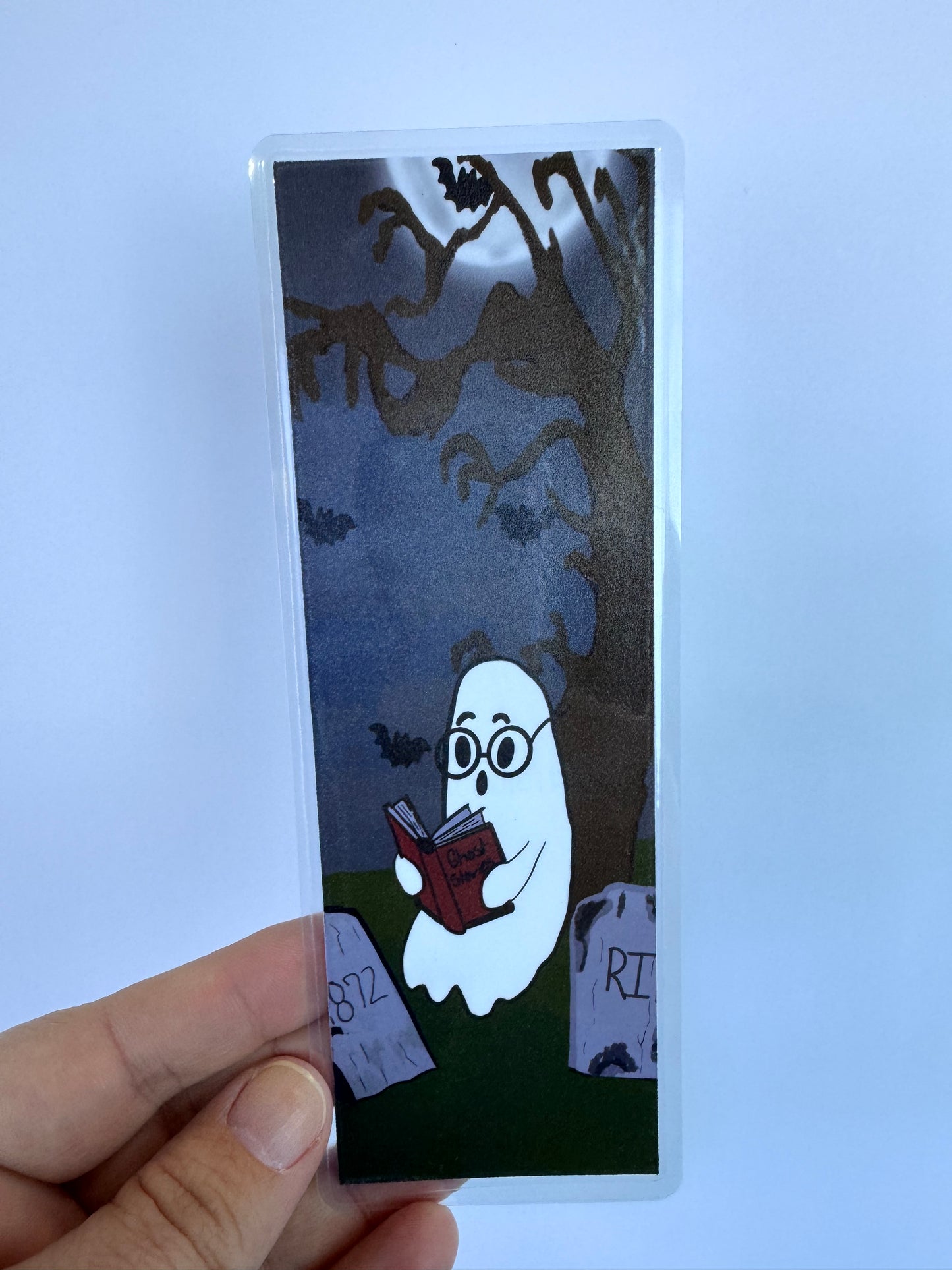 Cute Ghost Bookmark – Spooky Tree, Bats & Cemetery Scene, Halloween Book Lover Gift