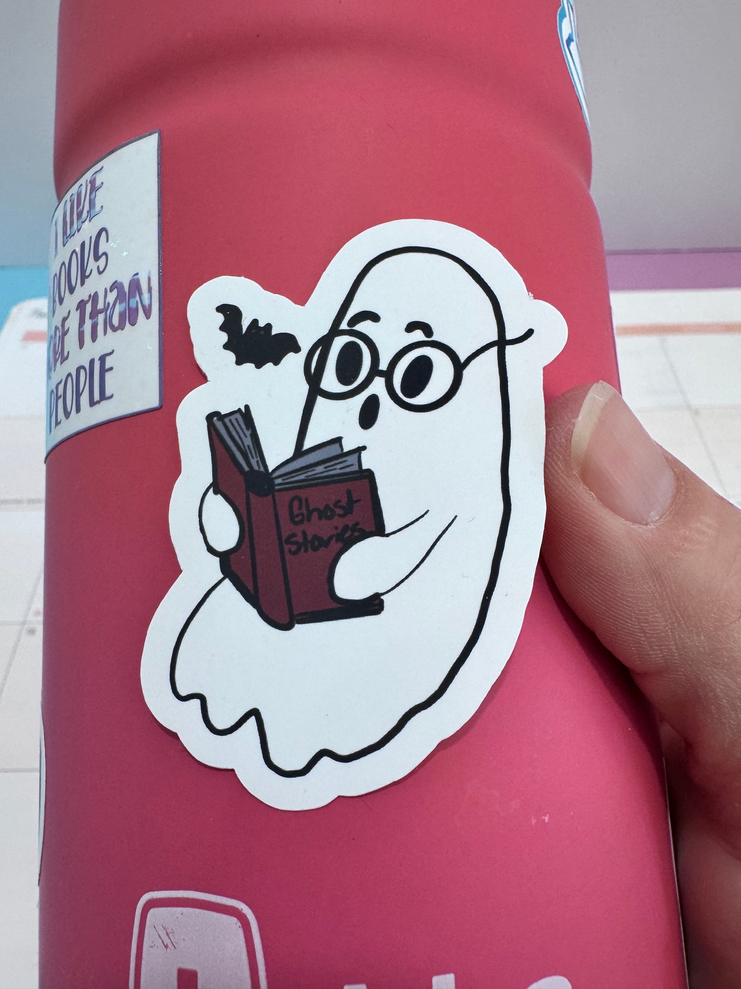 Ghost Reading to a Bat Vinyl Sticker – Cute Spooky Bookish Matte Sticker, Hand Drawn Halloween Reader Art