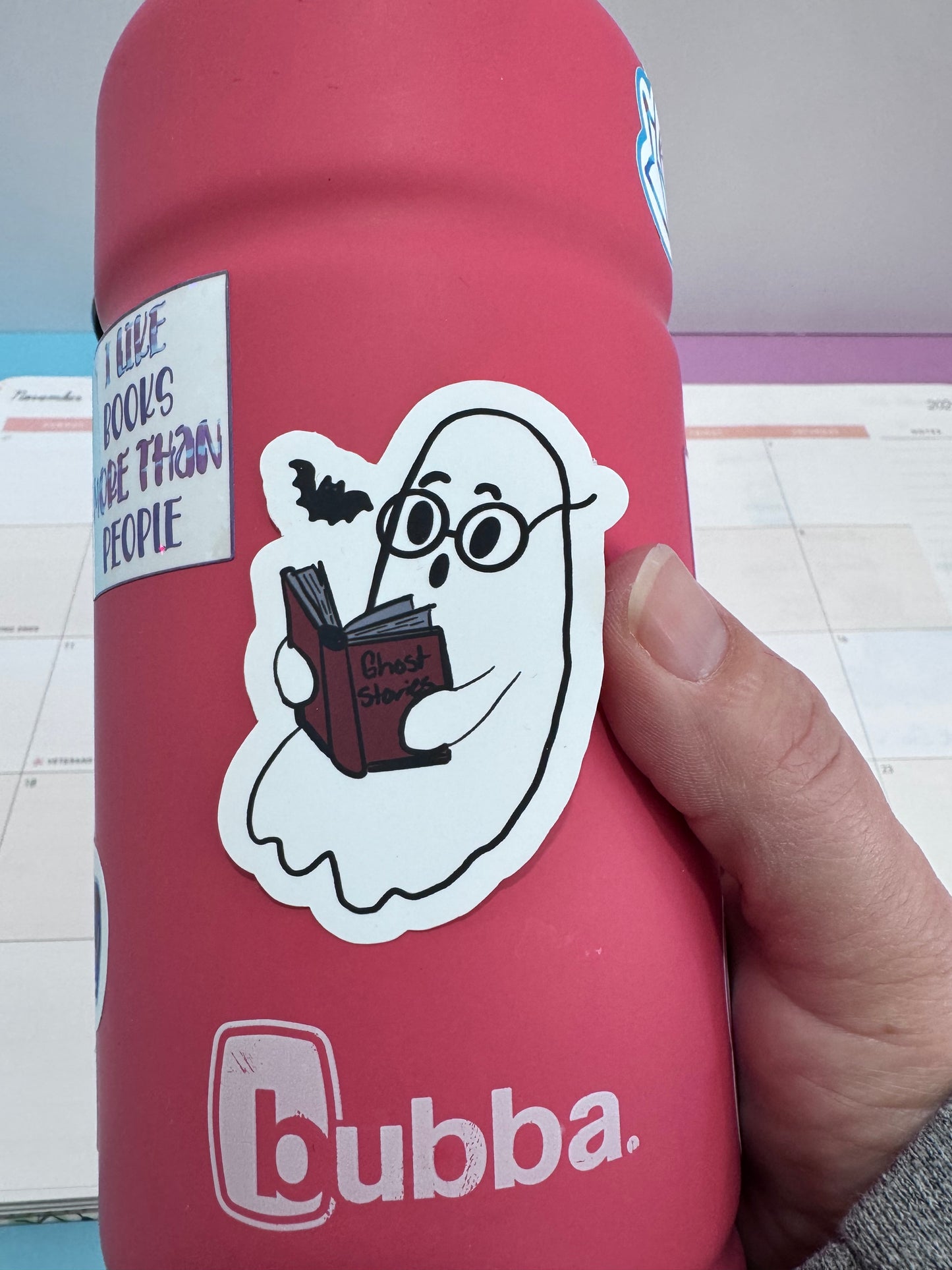 Ghost Reading to a Bat Vinyl Sticker – Cute Spooky Bookish Matte Sticker, Hand Drawn Halloween Reader Art