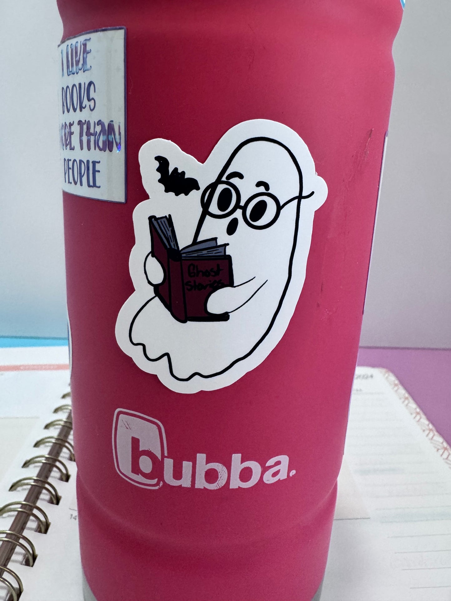 Ghost Reading to a Bat Vinyl Sticker – Cute Spooky Bookish Matte Sticker, Hand Drawn Halloween Reader Art
