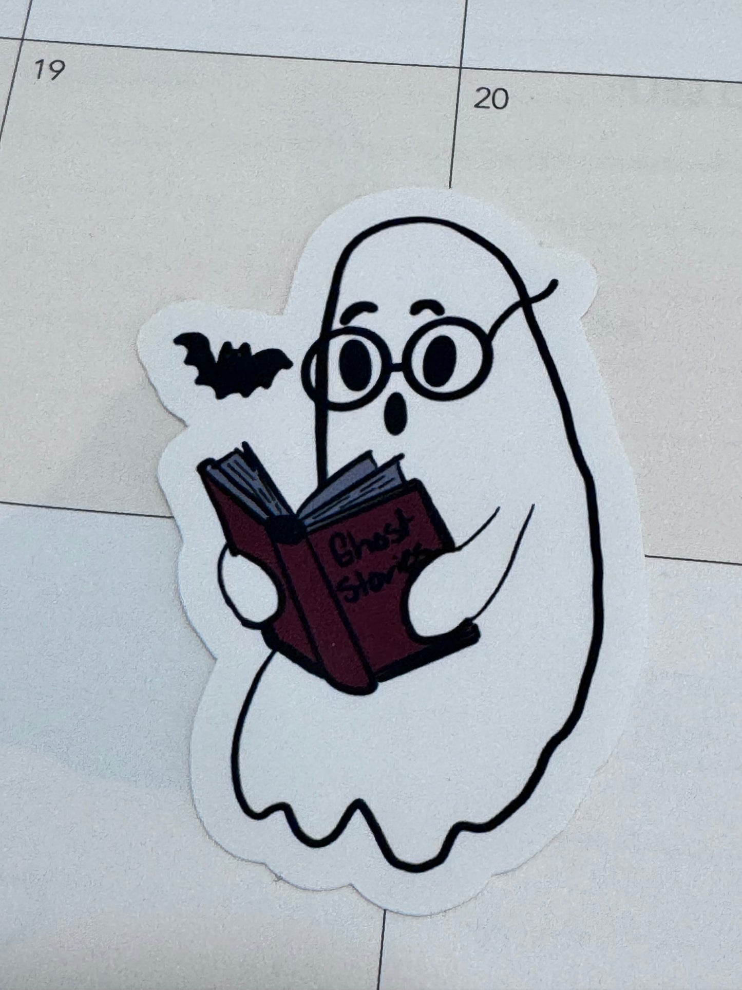 Ghost Reading to a Bat Vinyl Sticker – Cute Spooky Bookish Matte Sticker, Hand Drawn Halloween Reader Art