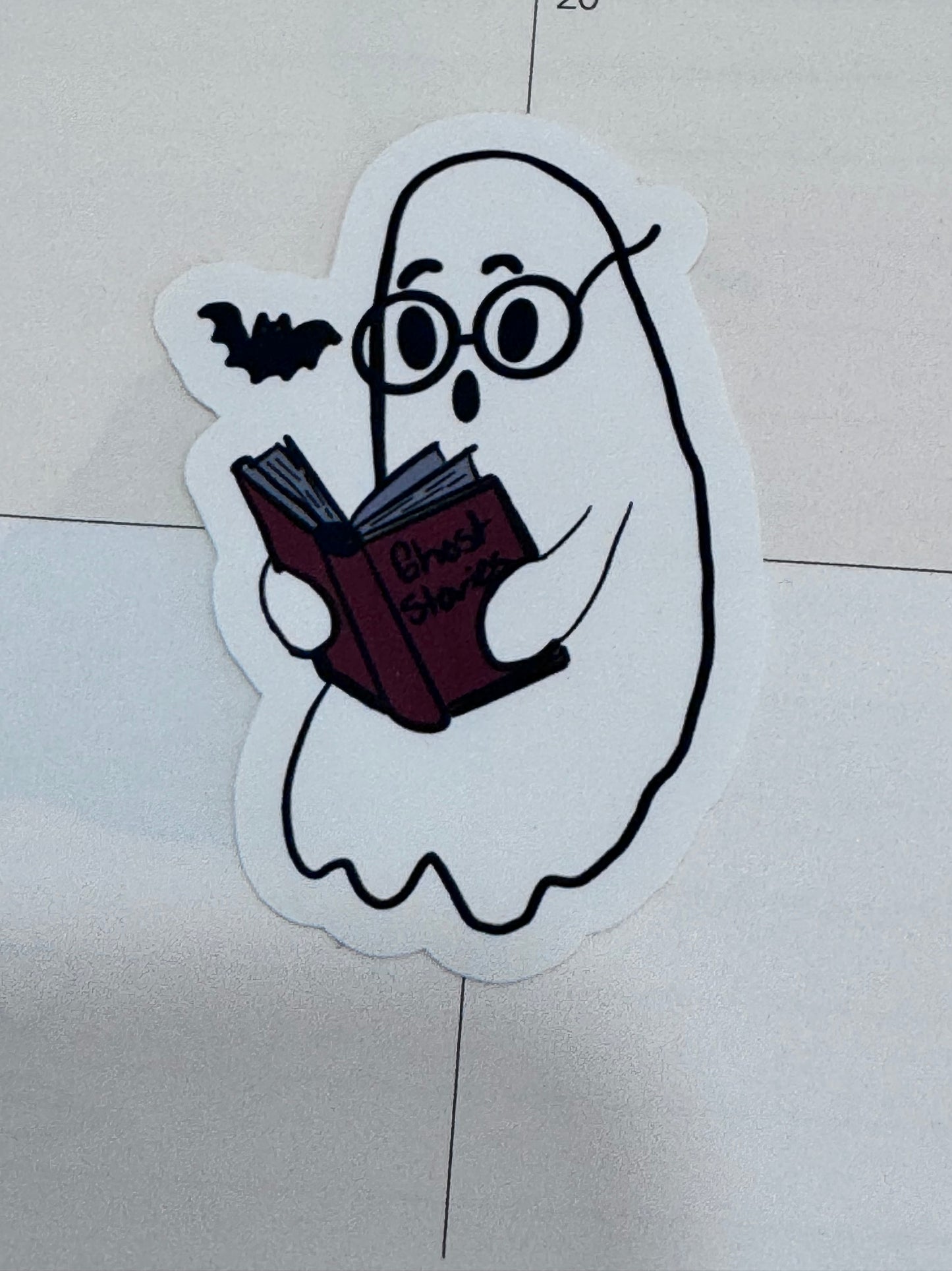 Ghost Reading to a Bat Vinyl Sticker – Cute Spooky Bookish Matte Sticker, Hand Drawn Halloween Reader Art