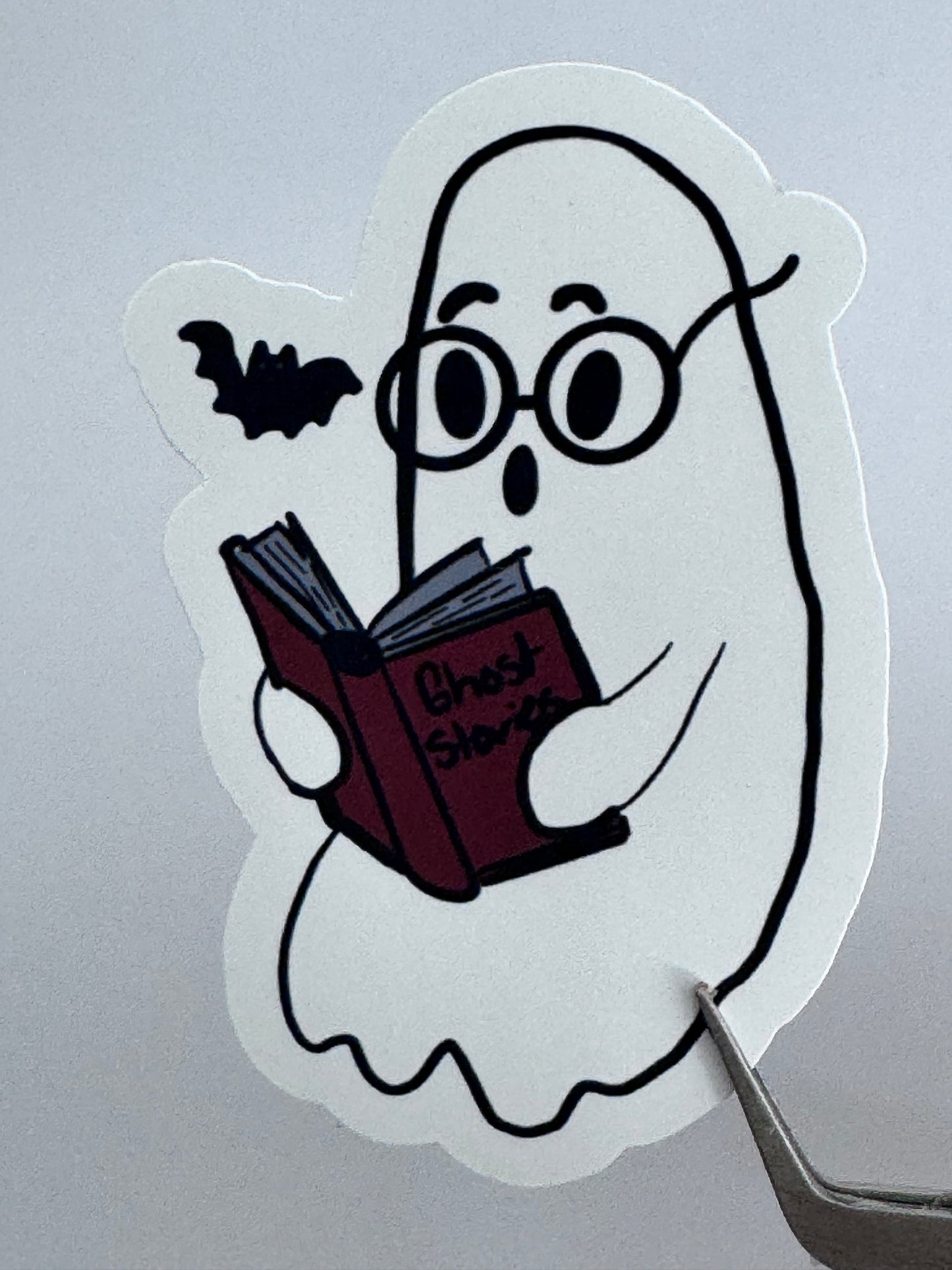 Ghost Reading to a Bat Vinyl Sticker – Cute Spooky Bookish Matte Sticker, Hand Drawn Halloween Reader Art