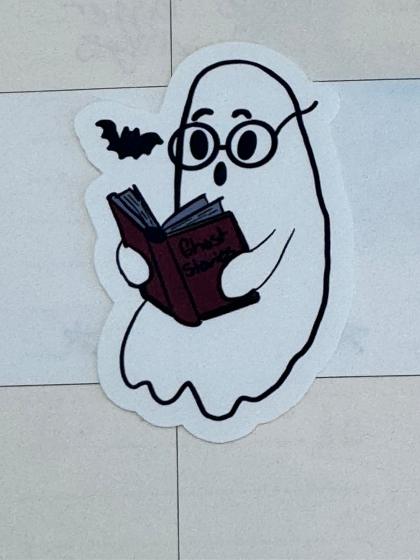 Ghost Reading to a Bat Vinyl Sticker – Cute Spooky Bookish Matte Sticker, Hand Drawn Halloween Reader Art