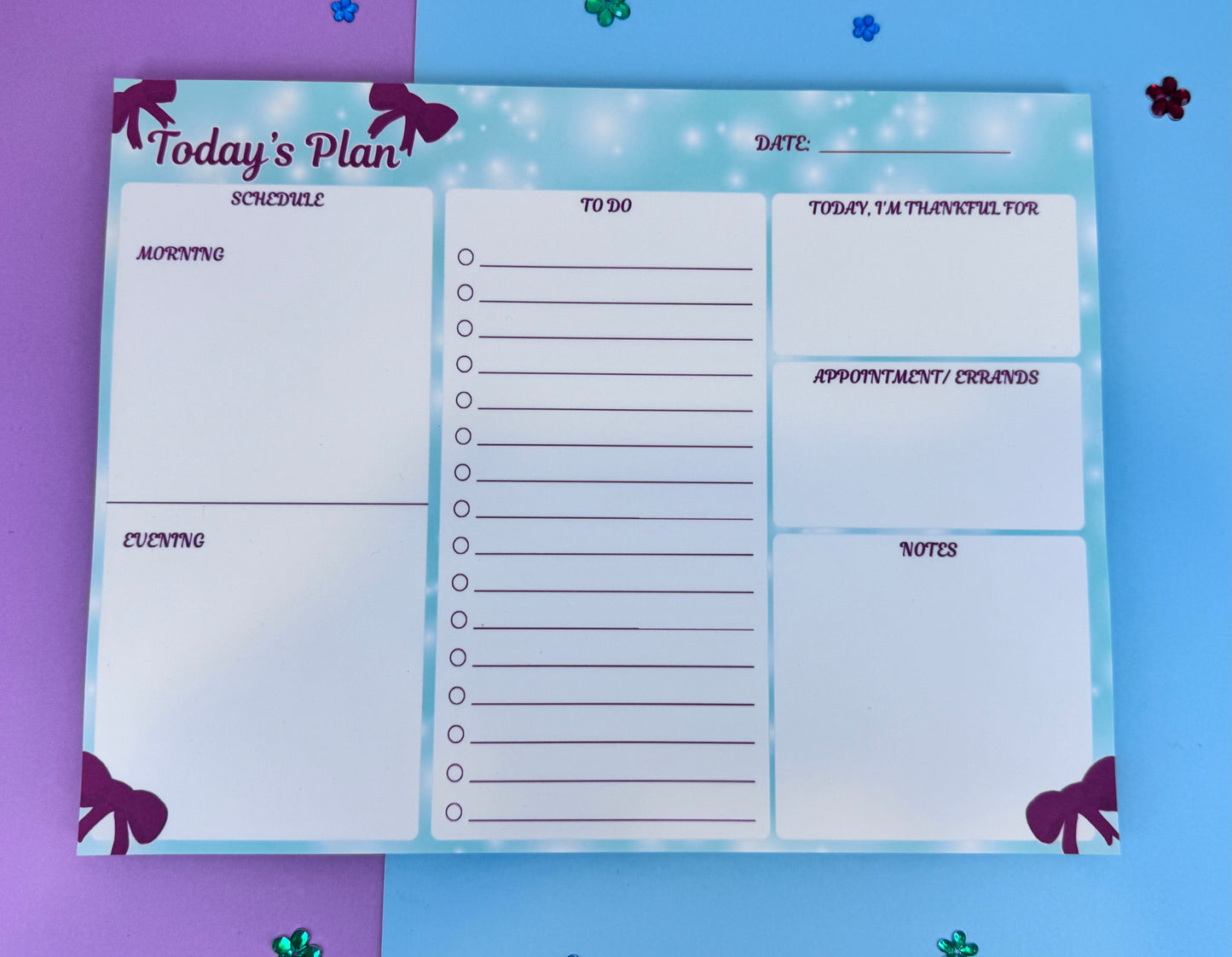 Handmade Daily Planner Pad – 10.75" x 8.2" Holiday Bow Planner, Teal & White Page Layout, To-Do List + AM/PM Schedule, 50 Pages, Chipboard Backing